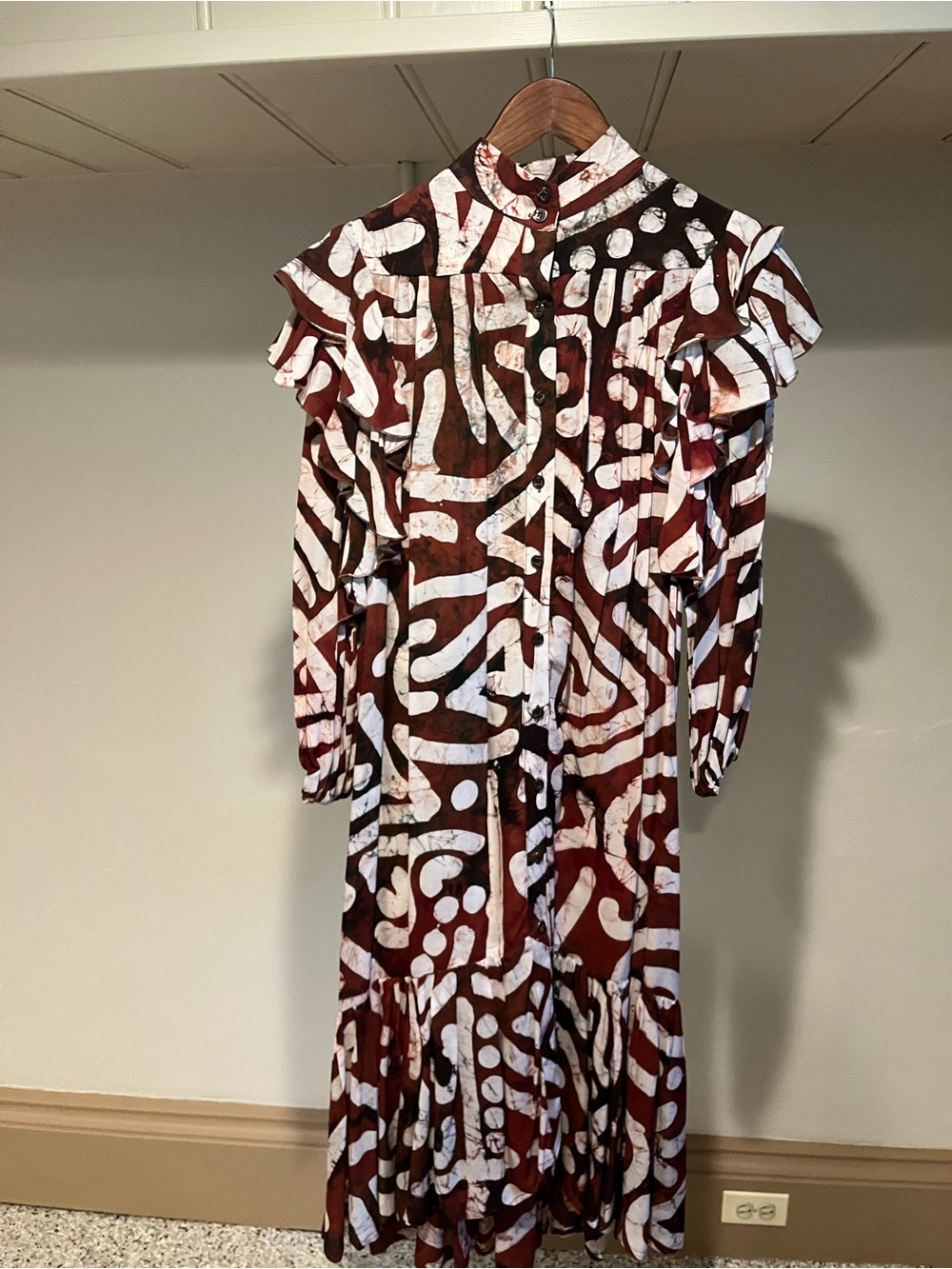Abstract Print Ruffle Maxi Dress in Burgundy and White